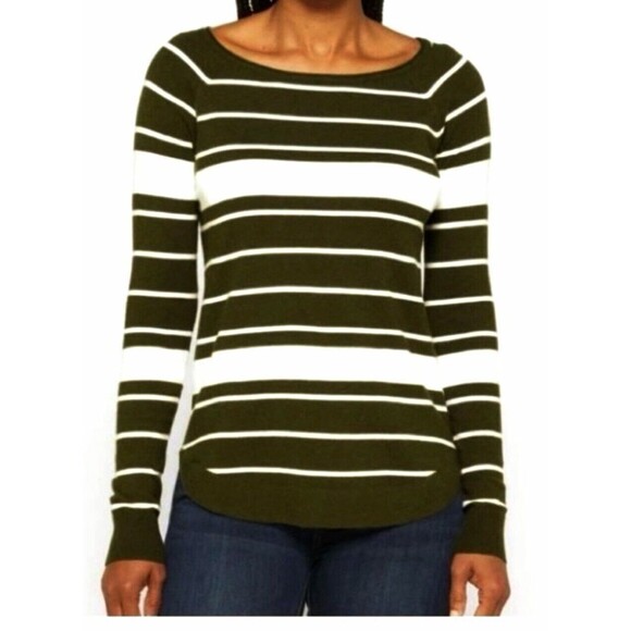 Pink Clover X Stich Fix Valencia Curved Hem Sweater Striped Olive/White SZ S - Picture 1 of 10